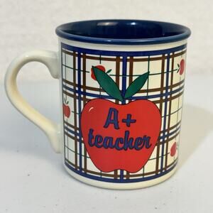 Potpourri Press A+ Teacher Mug Coffee Cup Red Apple Blue Brown Plaid Ceramic 90’
